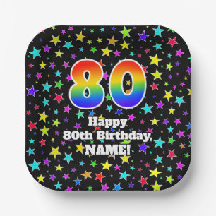 Assiettes En Carton 80e anniversaire : Fun Stars Motif et Rainbow "80"