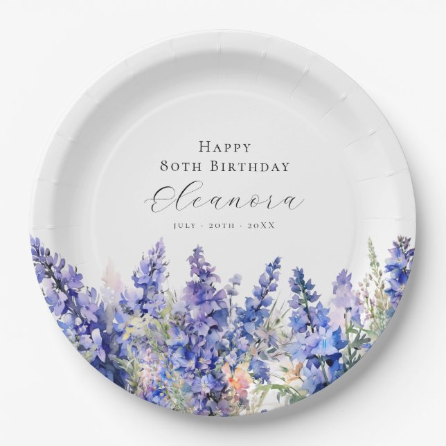 Assiettes En Carton 80e anniversaire Juillet Fleur de naissance Larksp (Devant)
