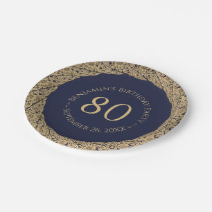 Assiettes En Carton 80e anniversaire Marine Bleu Vintage or Roses élég