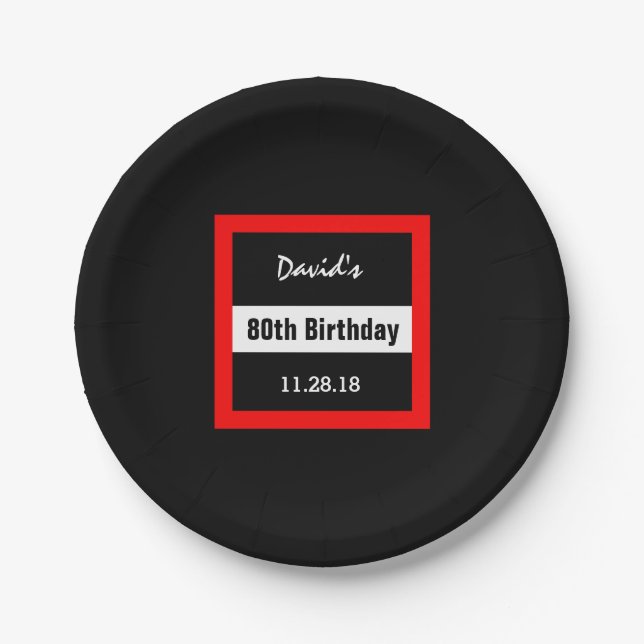Assiettes En Carton 80e anniversaire Noir avec cadre rouge personnalis (Devant)