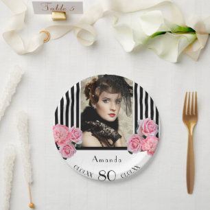 Assiettes En Carton 80e anniversaire noir rayures blanches florales ph