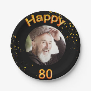 Assiettes En Carton 80e anniversaire photo ballons d'or noir