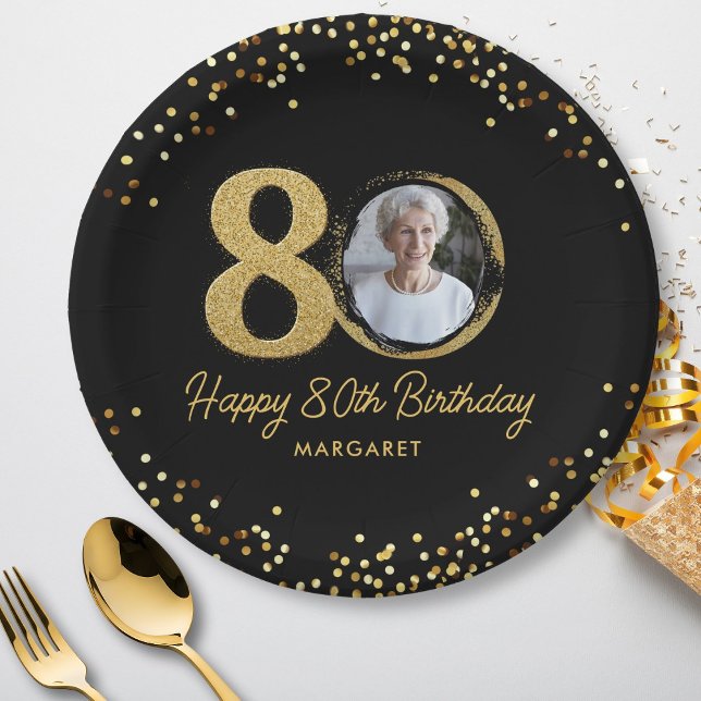 Assiettes En Carton 80e anniversaire Photo Elegant Black Gold Parties  (Créateur téléchargé)