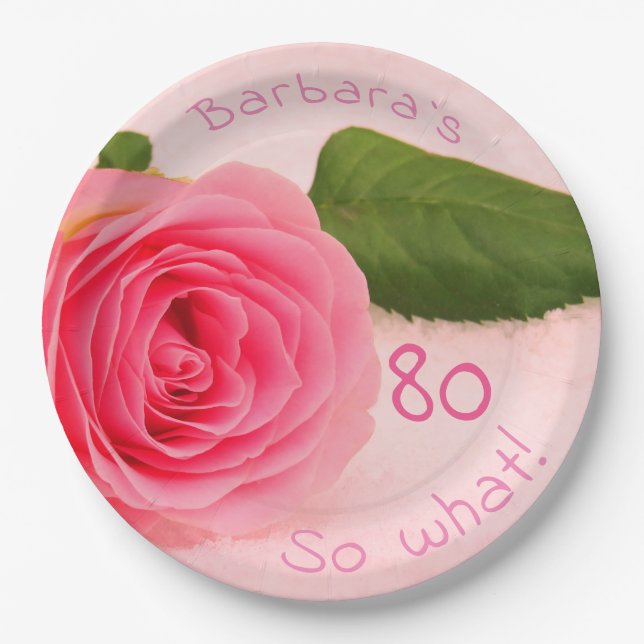 Assiettes En Carton 80e anniversaire Rose rose Nom personnalisé Motiva (Devant)