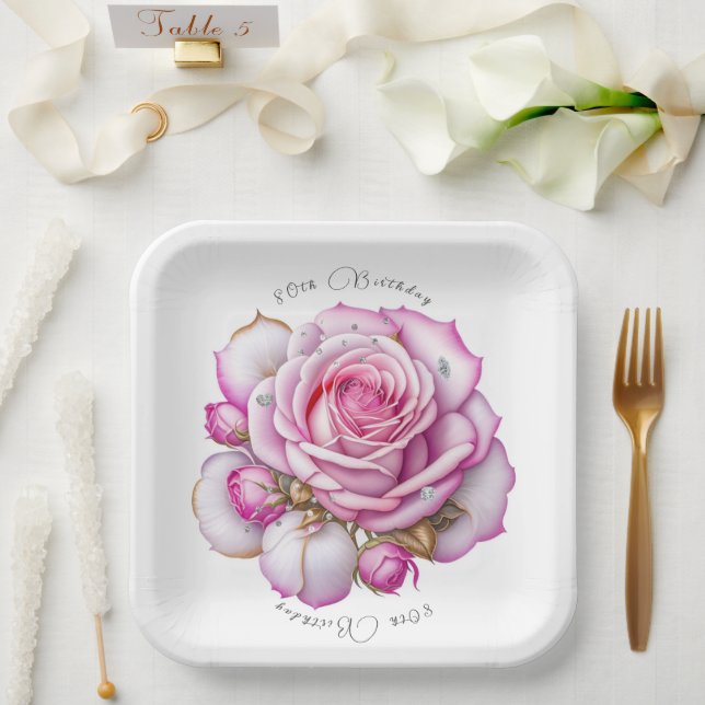 Assiettes En Carton 80e Anniversaire Roses Roses et Diamants Étincelan (Mariage)
