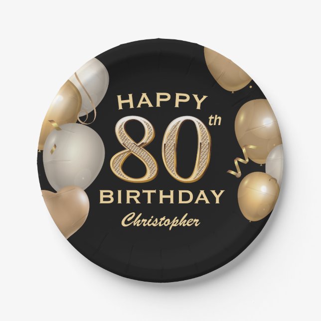 Assiettes En Carton 80e fête d'anniversaire Ballons noirs et or (Devant)