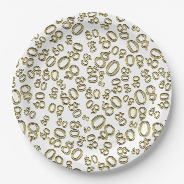 Assiettes En Carton 80e Motif de numéro aléatoire or/blanc (Devant)