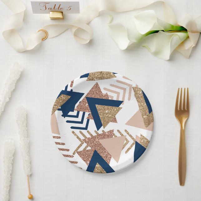 Assiettes En Carton 80s Abstrait tendance | Marine et Rose Motif d'or (Mariage)