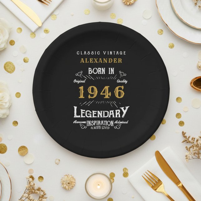 Assiettes En Carton 80th Birthday 1946 Legendary Retro (1946 black paper plate on a white and gold background.)