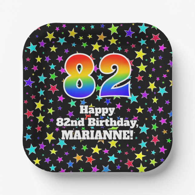 Assiettes En Carton 82e anniversaire : Fun Stars Motif et Rainbow "82" (Recto)