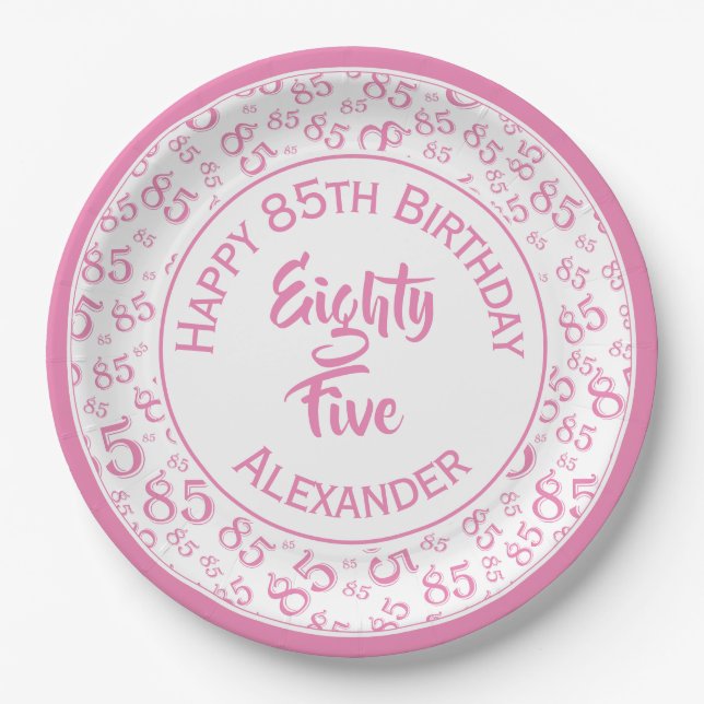 Assiettes En Carton 85e anniversaire Random Number Motif rose/blanc (Devant)