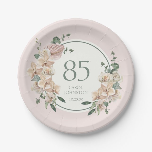 Assiettes En Carton 85e anniversaire Tropical Floral (Devant)