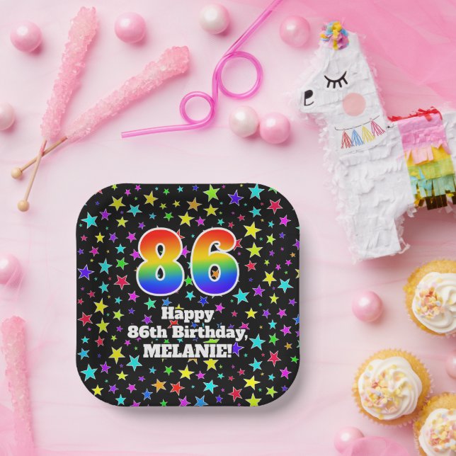 Assiettes En Carton 86e anniversaire : Fun Stars Motif et Rainbow "86" (Fête)