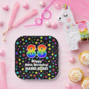 Assiettes En Carton 88e anniversaire : Fun Stars Motif et Rainbow "88"