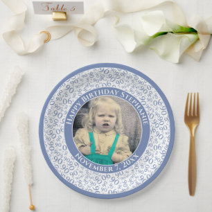 Assiettes En Carton 90 Votre photo Numéro Aléatoire Motif Bleu/Blanc