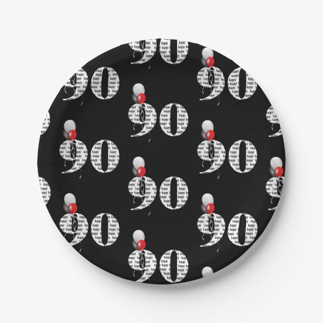 Assiettes En Carton 90e anniversaire ballons de fête en noir (Devant)