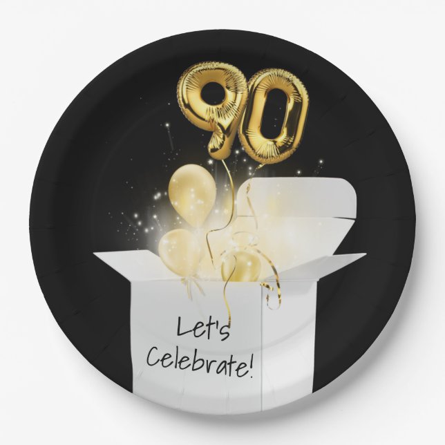 Assiettes En Carton 90e anniversaire Ballons d'or en boîte blanche (Devant)