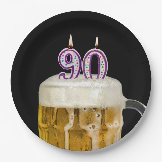 Assiettes En Carton 90e anniversaire Bière sur plaque de papier noir (Devant)
