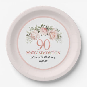 Assiettes En Carton 90e anniversaire Blush rose Floral Élégante Femini