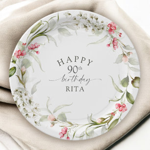 Assiettes En Carton 90e Anniversaire Fleurs Aquarelle Rose