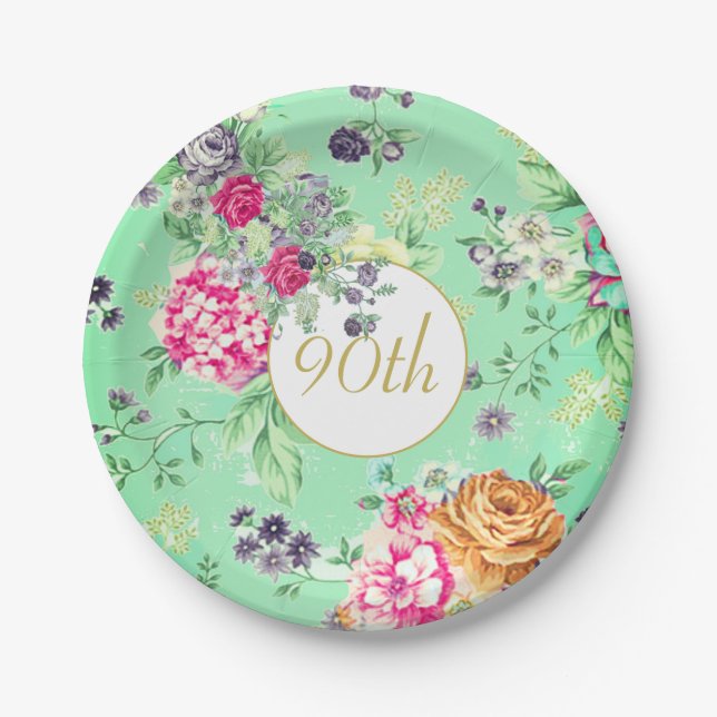 Assiettes En Carton 90e anniversaire Floral Anniversaire Vert Or (Devant)