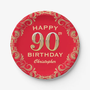 Assiettes En Carton 90e anniversaire Parties scintillant rouge et or