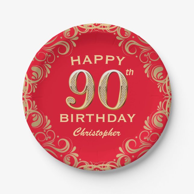 Assiettes En Carton 90e anniversaire Parties scintillant rouge et or (Devant)