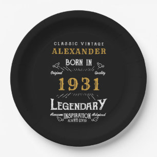 Assiettes En Carton 90e anniversaire personnalisé Né en 1931 Noir Vint
