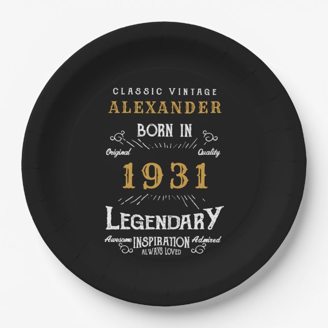 Assiettes En Carton 90e anniversaire personnalisé Né en 1931 Noir Vint (Devant)