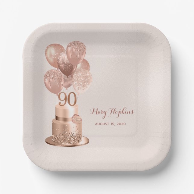 Assiettes En Carton 90e anniversaire Rose Gold Cake plaque papier (Recto)