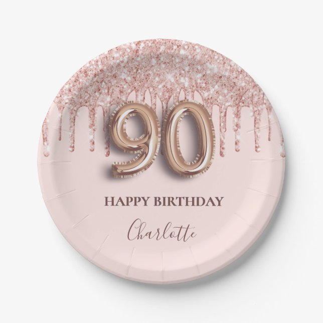 Assiettes En Carton 90e anniversaire rose or parties scintillant rose  (Devant)