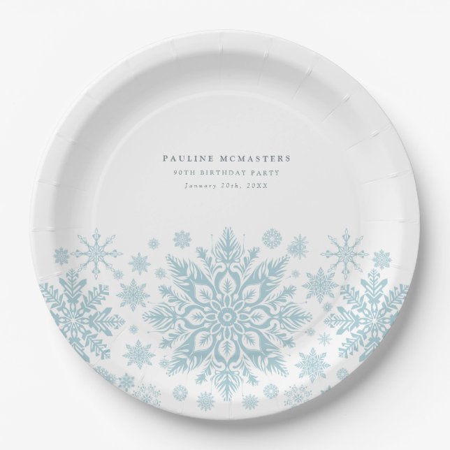 Assiettes En Carton 90e fête d'anniversaire Blue White Snowflake Custo (Devant)