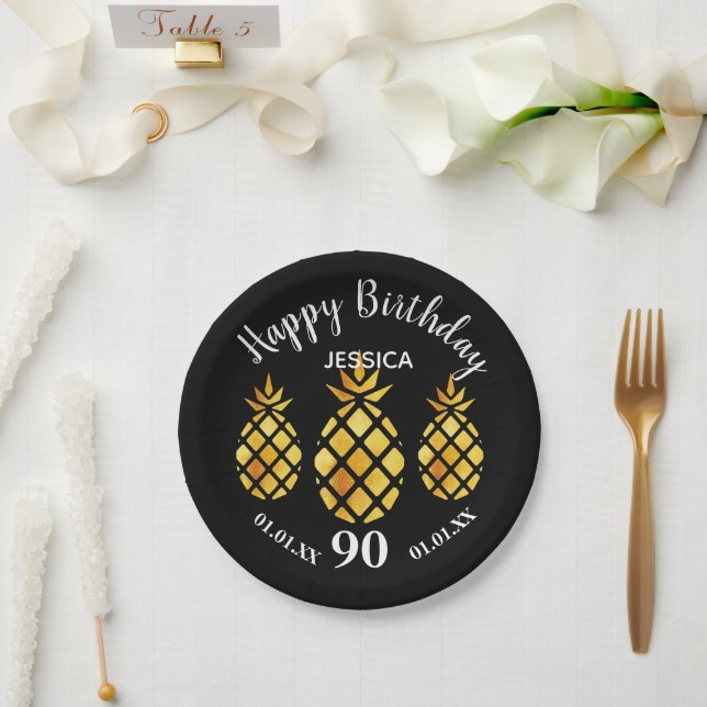 Assiettes En Carton 90e fête d'anniversaire noir ananas nom (Mariage)