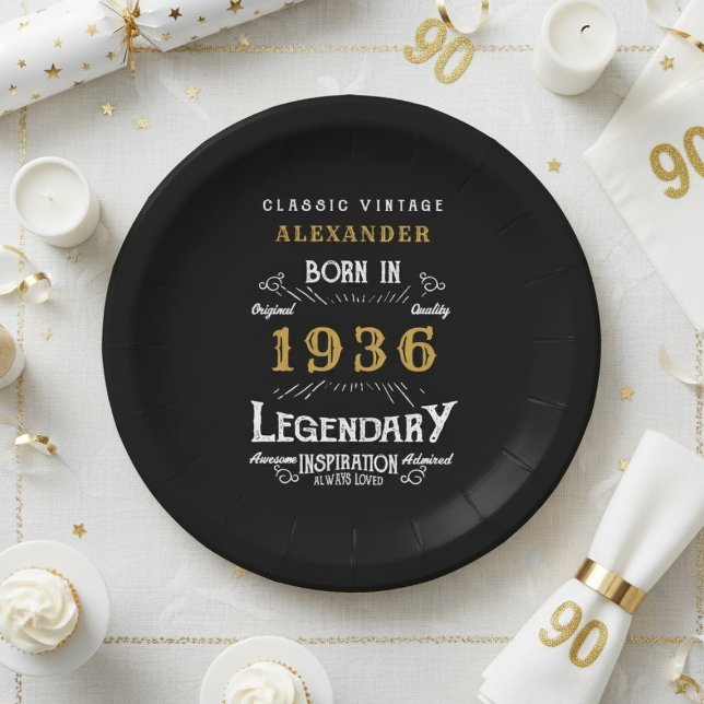 Assiettes En Carton 90th Birthday 1936 Legendary Retro (Born 1936 black paper plate on a white table cloth.)