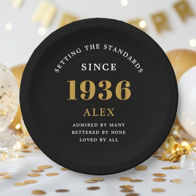 Assiettes En Carton 90th Birthday Name 1936 Black Gold Elegant Chic (1936 paper plate. White background.)