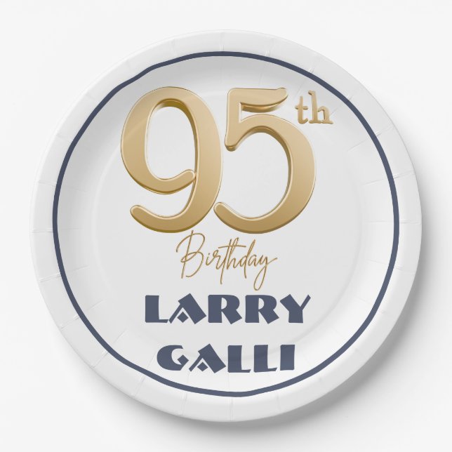 Assiettes En Carton 95e anniversaire Gold Navy Blue Nom personnalisé (Devant)