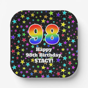 Assiettes En Carton 98e anniversaire : Fun Stars Motif et Rainbow "98"