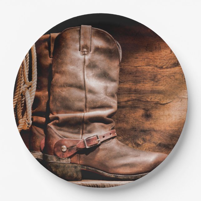 Assiettes En Carton 9" Tôle rond Plaque Cowboy Bottes Barne Bois Rusti (Devant)