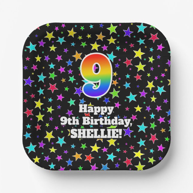 Assiettes En Carton 9e anniversaire : Fun Stars Motif et Rainbow "9" (Recto)