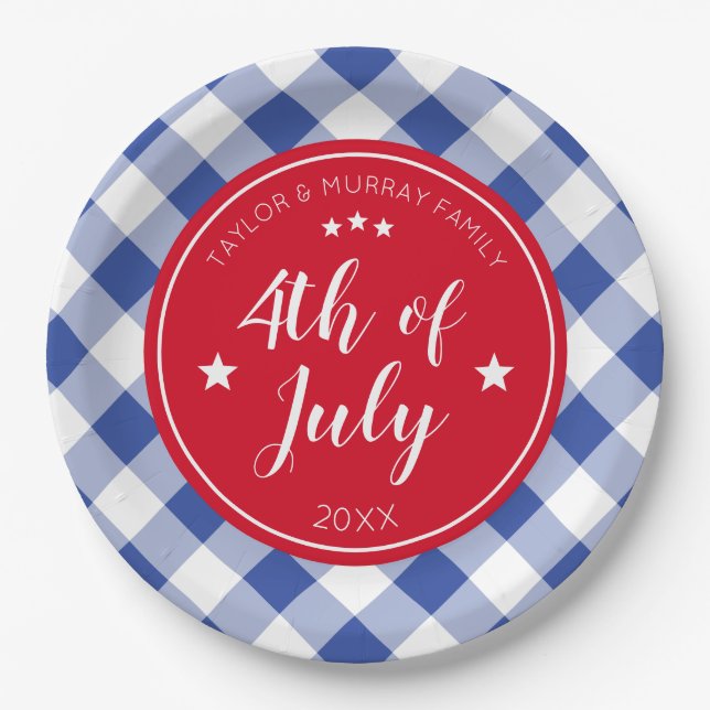 Assiettes En Carton À damiers Blue En vichy 4 juillet (Devant)