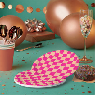 Assiettes En Carton à damiers carré pêche rose chaud rétro géométrique