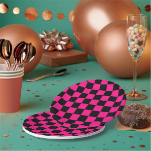 Assiettes En Carton à damiers carré rose chaud noir rétro géométrique
