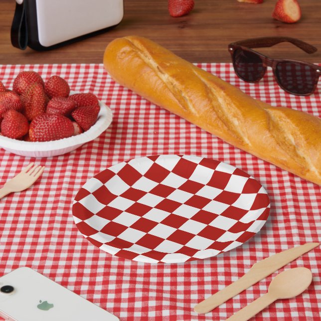 Assiettes En Carton à damiers carré rouge blanc rétro (Pique-nique)