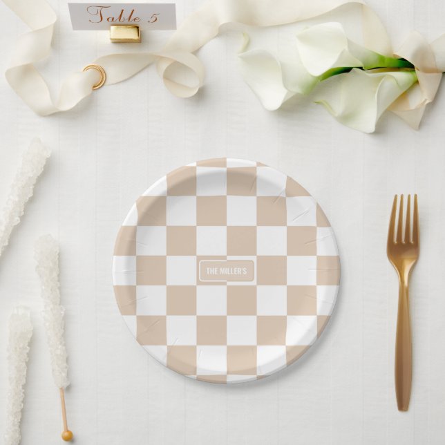 Assiettes En Carton À damiers de lumière personnalisée Neutre (Mariage)