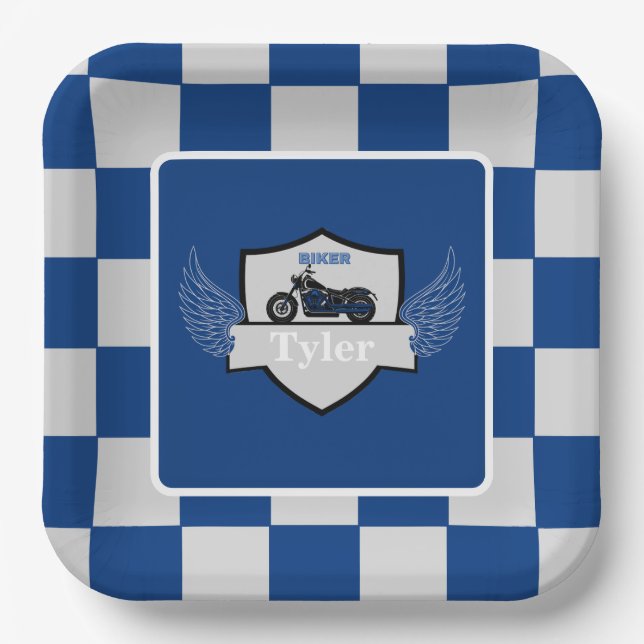 Assiettes En Carton À damiers et moto bleu et gris (Recto)