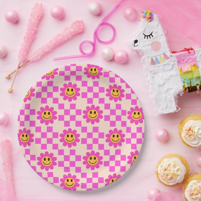 Assiettes En Carton à damiers Fleurs souriantes roses chaudes avec car (Fête)