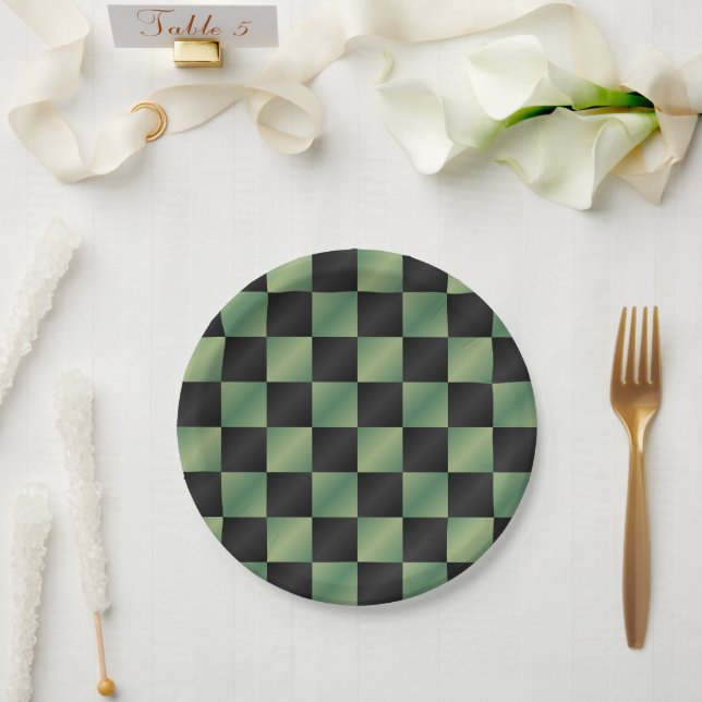 Assiettes En Carton À damiers moderne vert olive noir dégradé (Mariage)