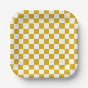 Assiettes En Carton à damiers moutarde jaune et blanc