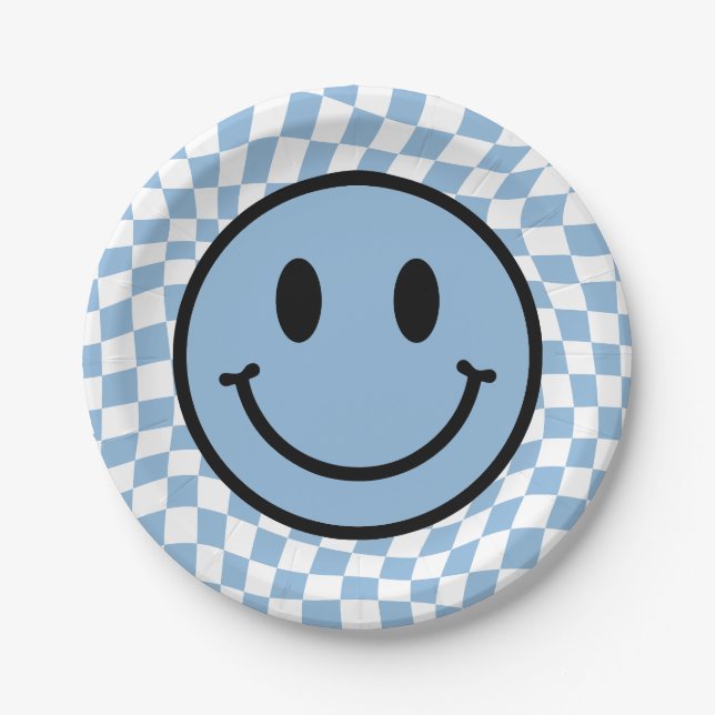 Assiettes En Carton à damiers Wavy Blue Preppy Smile Anniversaire (Devant)