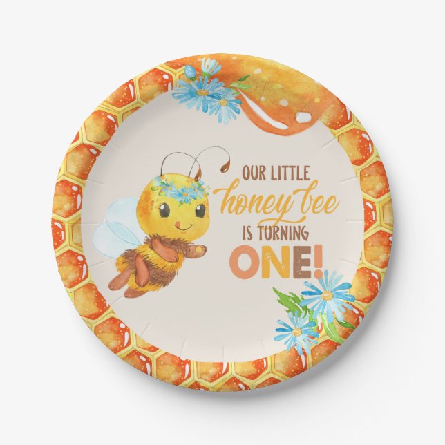Assiettes En Carton Abeille première plaque d'anniversaire - Fille (Devant)